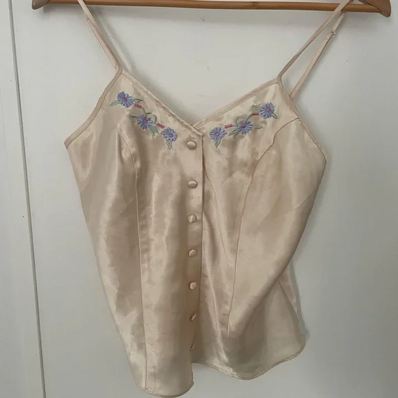 Elegant Cream Embroidered Satin Cami Top Floral Embroidered Vintage Fairy Grunge - Picture 7 of 10